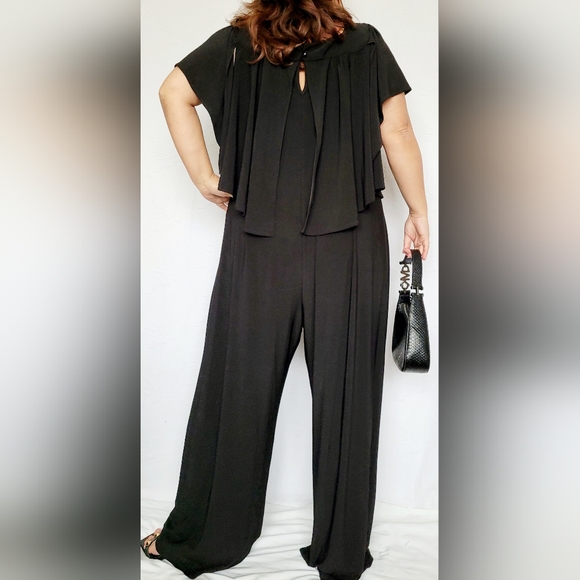 Emma & Michelle Plus Size Jumpsuit Stretch Pull On Flutter Sleeves Black 3X - Picture 6 of 16